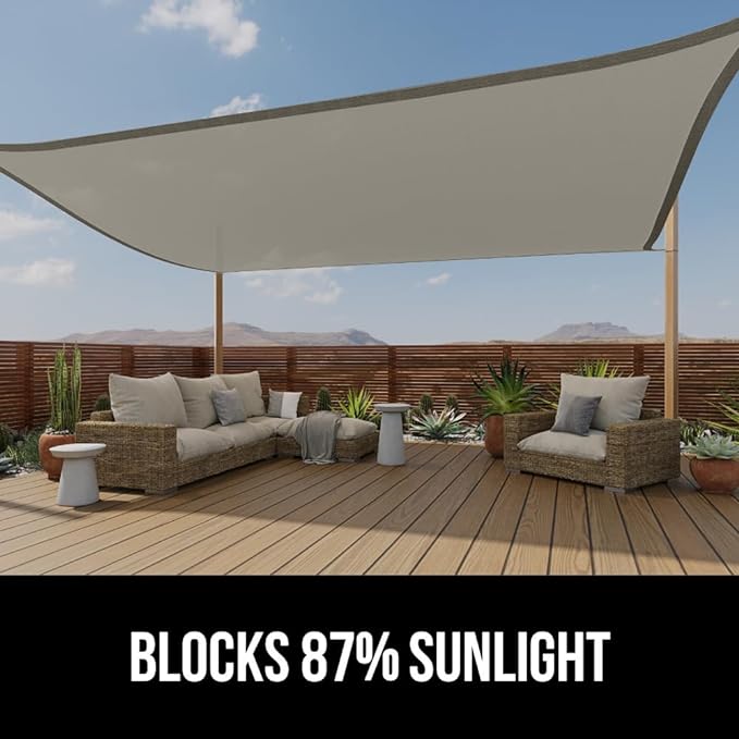 GORILLA GRIP Heavy Duty Sun Shade, UV Protection Fade Tear and Rust Resistant Rectangle Sunshade Canopy, Curved Edges Blocks Sunlight, Breathable Sail, Outdoor Patio, Lawn Garden 12x16 FT Gray