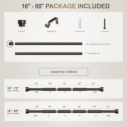 Modern Antique Brown Bronze Curtain Rods for Windows 48 to 84 Inches Adjustable Heavy Duty 1" Diameter Window Rod with Decorative Finials for Outdoor Farmhouse Bedroom Kitchen Living Room