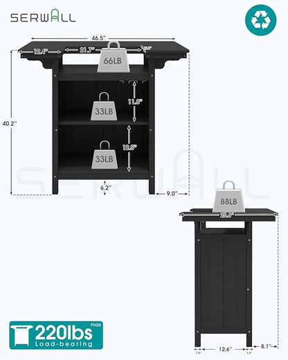 SERWALL Outdoor Bar Table,Patio Bar Cabinet with 4-Tier Storage and Spacious Tabletop for Outside,Poolside, Backyard,Made of HDPE,Black