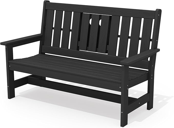SERWALL Outdoor Bench with Cup Holder, 58" HDPE Garden Park Bench Suitable for 3 Person, All Weather Patio Benches with High Backrest and Wide Armrests for Garden, Park, Yard, Front Porch, Black