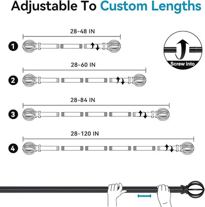 Black Curtain Rods for Windows, 5/8 Inch Heavy Duty 66 to 120” Small Curtain Rod Set with Brackets - Adjustable Drapery Rods for Livingroom, Outdoor Patio, Sliding Door