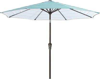 MEWAY 9ft Patio Umbrella Outdoor Table Umbrellas with Push Button Tilt and Crank, Market Umbrella 8 Sturdy Ribs for Deck, Garden, Pool and Backyard, Blue Green Stripe