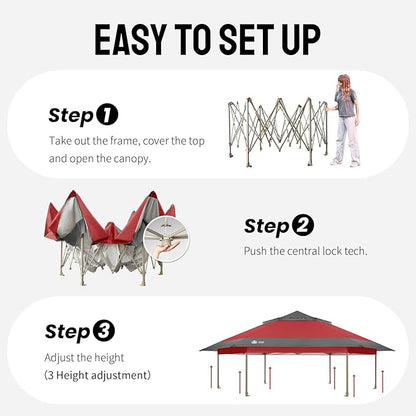 CROWN SHADES 12x12 Pop Up Gazebo with Mosquito Nettings, Patented Center Lock 6-Sided Portable Gazebo, 300D Silver-Coated Fabric UV Resistant, Pop Up Canopy Tent for Patio, Party, Red&Grey