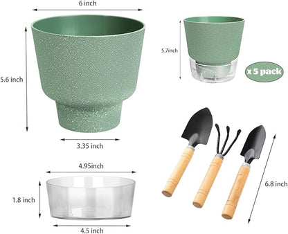 2024 Upgraded 5 Pack 6-Inch Self-Watering Planter Pots with Deep Reservoir for Indoor and Outdoor Plants with Planting Tools (Frosted Black)
