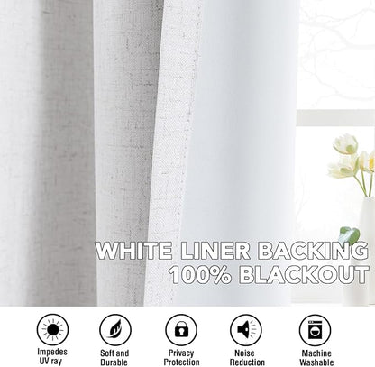H.VERSAILTEX Linen Curtains 100% Blackout Curtains for Bedroom 102 inch Long Full Light Blocking Nature Linen Blended Window Curtains for Living Room Nickel Grommet (2 Panels, Heathered White)