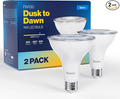 Sunco 2 Pack PAR30 LED Dusk to Dawn Light Bulbs, 850 Lumens, 11W, 5000K Daylight, Non-Dimmable, E26, Wet Rated Outdoor Flood Light Bulb with Photocell Sensor, for Porch, Patio, Backyard, UL
