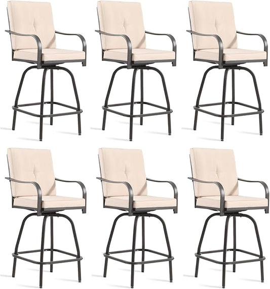 Patio Swivel Bar Stools Set of 6, Outdoor Bar Height Swivel Chairs with Cushions for Garden Balcony Backyard, Beige