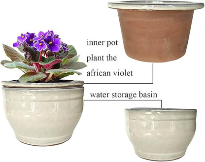 African Violet Pots Self Watering Round Ceramic Violet Pot (White, 6 inch)