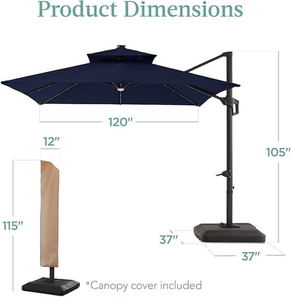 Best Choice Products 10x10ft Cantilever Patio Umbrella w/Base Included, Solar LED Lights 360 Rotation Large Offset Hanging Outdoor Shade for Deck Pool Backyard w/Stand – Navy Blue