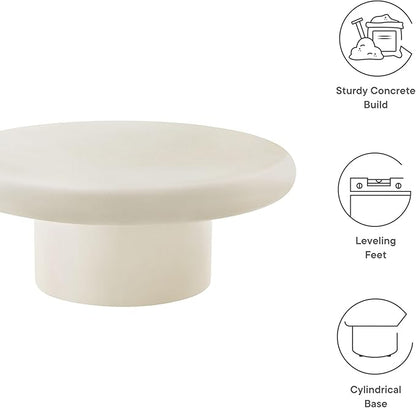 Modway Argos Round Concrete Coffee Table in White - Cement Low Coffee Table for Sitting on The Floor - Weather Resistant Stone Patio Coffee Table - Indoor Outdoor 34 Inch Center Table