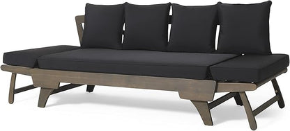 Merax Outdoor Patio Daybed Sofa,3-Seat Sofa with Foldable Arm 4 Back Pillows,Teak Acacia Wood Frame Beige Removable Cushion,Grey+Black