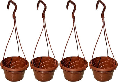 VIDELLY 4 Pieces Plastic Hanging Planters, 5.9 in Dia x 3.54 in H, Flower Plant Basket Pots Chain Holder Garden Decoration for Indoor and Outdoor Use, Red