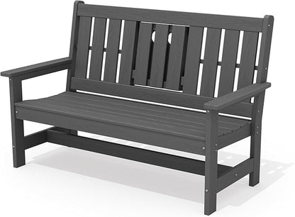 SERWALL Outdoor Bench with Cup Holder, 58" HDPE Garden Park Bench Suitable for 3 Person, All Weather Patio Benches with High Backrest and Wide Armrests for Garden, Park, Yard, Front Porch, Grey