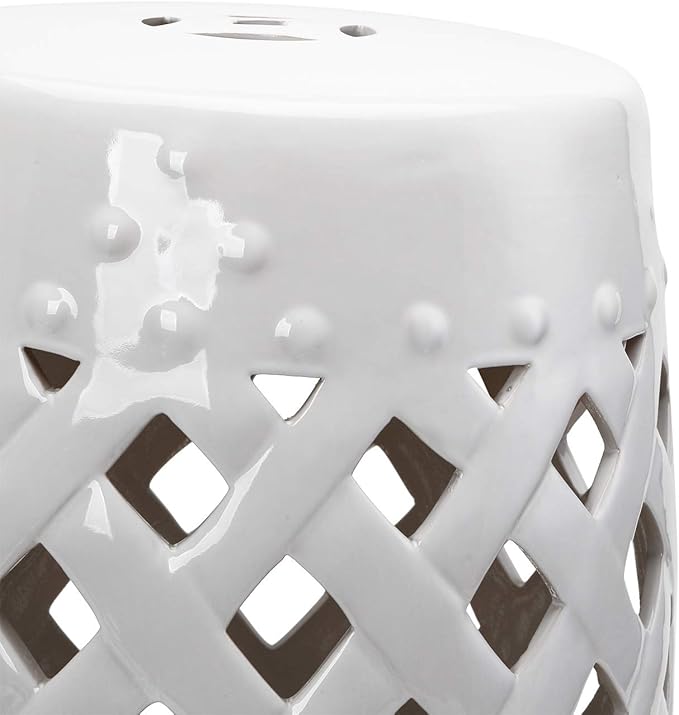 Decorative Garden Stool, White Ceramic Woven Lattice Accent Seat