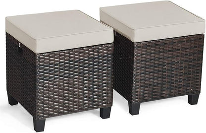 Tangkula 2 Pieces Outdoor Patio Ottoman, All Weather Rattan Wicker Ottoman Seat, Patio Rattan Furniture, Outdoor Footstool Footrest Seat w/Removable Cushions