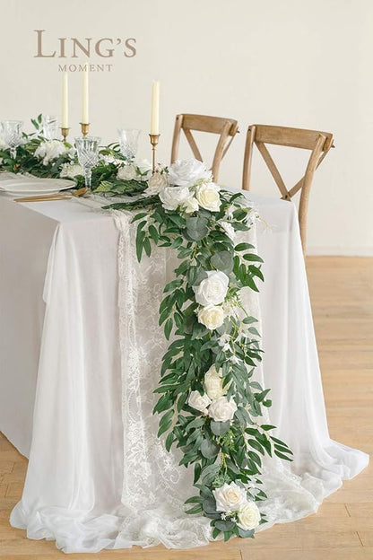 Artificial Flower Garland, 6 Ft Eucalyptus and Rose Ivory White Wedding Decor