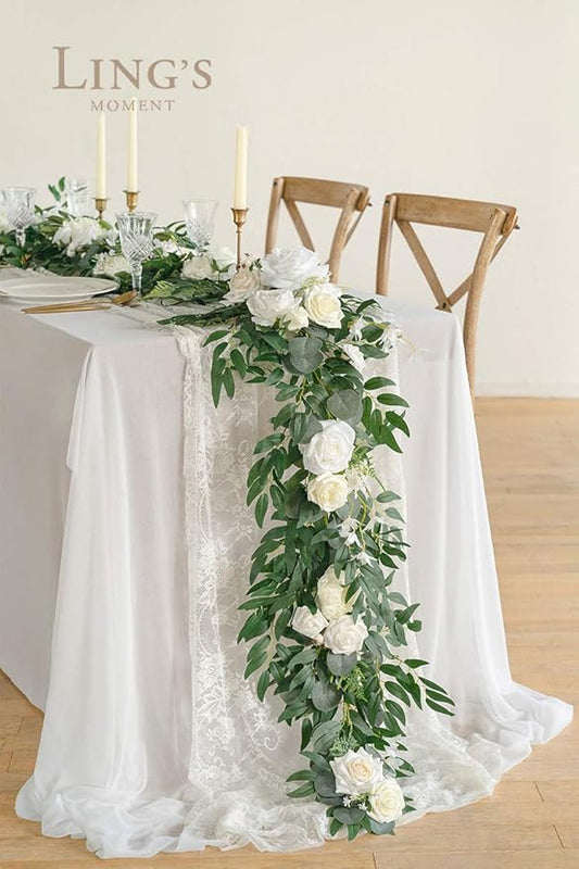 Artificial Flower Garland, 6 Ft Eucalyptus and Rose Ivory White Wedding Decor