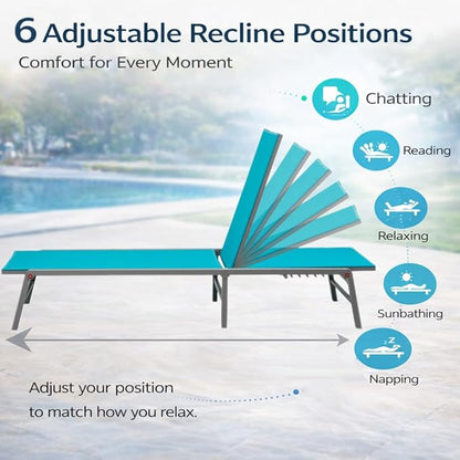Kozyard 2-Pack Outdoor Lounge Chairs, Foldable Aluminum Frame Patio Chaise Lounge with 5-Position Adjustable Backrest, No Assembly, Breathable Textilene Fabric for Poolside Beach (Aqua, No Table)