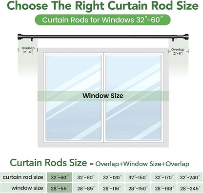 2 Pack Curtain Rods for Windows 28 to 48, 1 Inch Adjustable Black Heavy Duty Window Curtain Rod for Bedroom Living Room, Modern Drapery Rods with End Caps, Size 32"-60"