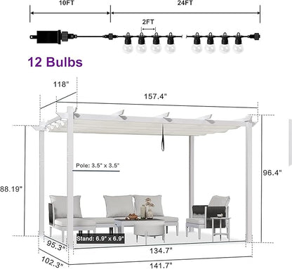 PURPLE LEAF 10' x 13' Aluminum Outdoor Pergola Retractable Pergola with Double Sun Shade Canopy White Modern Grape Trellis Metal Pergola with Light for Patios Garden Deck Backyard, White
