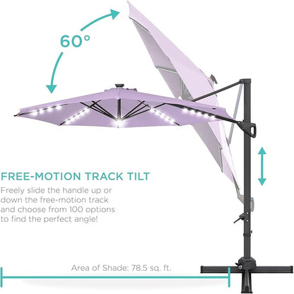 Best Choice Products 10ft Solar LED Cantilever Patio Umbrella, 360-Degree Rotation Hanging Offset Market Outdoor Sun Shade for Backyard, Deck, Poolside w/Lights, Easy Tilt, Cross Base