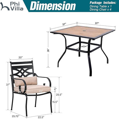 PHI VILLA 5 Pieces Outdoor Dining Set for 4, 37" Square Wood-top Metal Table & Wrought Iron Chairs, All Weather Large Outside Furniture with Cushions & Pillows for Patio, Deck, Porch