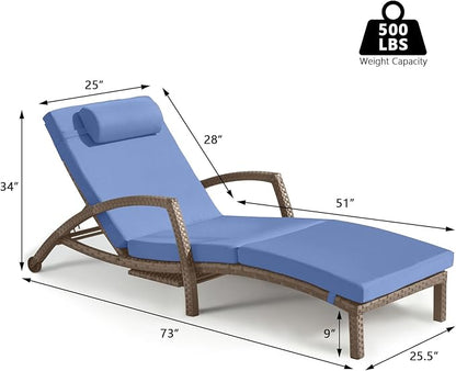 Chaise Lounge Chairs Outdoor Set of 2, Comfy Outside Wicker Patio Pool Lounge Chair w/ 5 Adjustable Back Angle, Cup Holder, Thicken Cushion