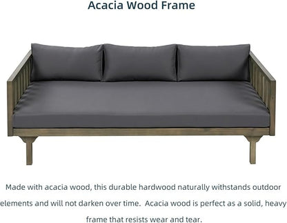 Merax Solid Acacia Wood Couch Chaise Lounge Chair Indoor, 3 Seater Daybed Sofa Couches with Cushions & Pillow, Heavy Frame Day Bed for Living Room, Office, Outdoor, Balcony, Patio, Water Resistant