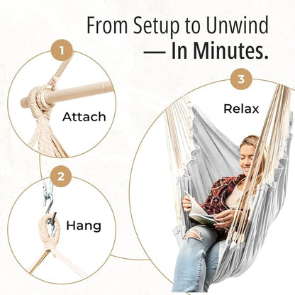 Hanging Hammock Chair Swing - Hammock Swing Chair with Foot Rest - Indoor/Outdoor Hanging Chair - Quick & Easy Setup with Durable Hardware – Spacious Full Body Support – Holds 440 Lbs