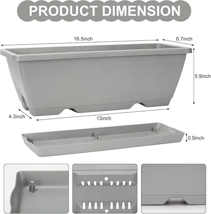 Window Box Planter, 6 Packs 17 Inches Rectangle Planters Box with Drainage Holes and Trays, Vegetable Planters for Windowsill Patio Garden Home Decor Porch Yard Light Gray
