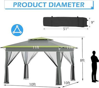 ECOTOUGE 11 FT Pop Up Canopy Tent with Mosquito Nettings, Instant Shelte gazebos on Clearance w/Carrying Roller Bag, Waterproof and UV Resistant Canopy Tent for Grill, Garden and Backyard Grey-Green