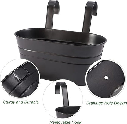 HowRU Metal Iron Flower Pots for Railing Fence Hanging Bucket Pots(5 Pcs) and Hanging Flower Pots Metal Iron Bucket Planter(10 Pcs) (Black)