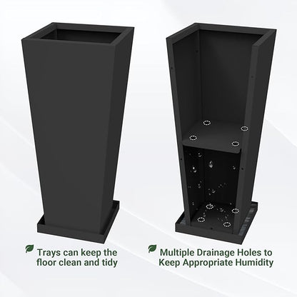 Tall Planters 28" H - 2 Pack, Tapered Pots with Drainage Insert Shelve & Trays, Metal Outdoor Planter Box for Porch, Garden, Patio, Yard (Black)