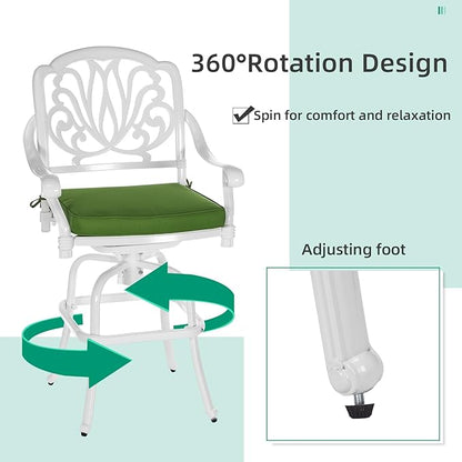 VIVIJASON 3-Piece Patio Swivel Bar Stools Set, All Weather Cast Aluminum Outdoor Bar Height Bistro Set with 2 Cushioned Bar Chairs & 31" High Bar Table w/Umbrella Hole for Backyard, Lawn, White