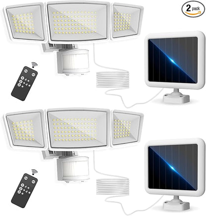 Energetic Solar Outdoor Lights, 1800LM 192 LED Security Motion Sensor Outdoor Lights with Remote Control, IP65 Waterproof Floodlight, 3 Head Motion Detected Spotlight for Garage, Pack of 2 (White)