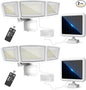Energetic Solar Outdoor Lights, 1800LM 192 LED Security Motion Sensor Outdoor Lights with Remote Control, IP65 Waterproof Floodlight, 3 Head Motion Detected Spotlight for Garage, Pack of 2 (White)
