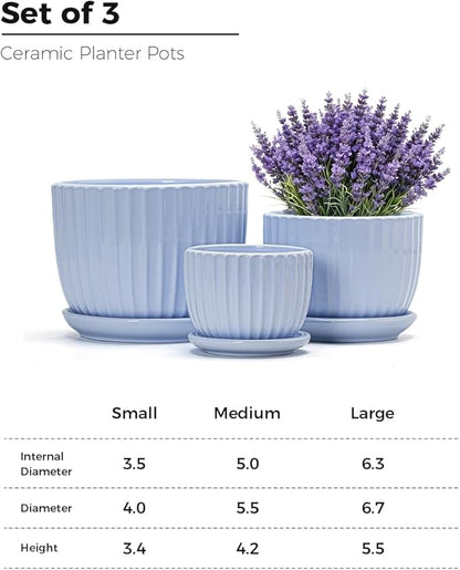 Ton Sin Sky Blue Ceramic Flower Pots, 4"+5"+6" Inch Small Succulent Planters with Drainage Hole,Modern Indoor Decorative Plant Pots Set of 3,Garden Pots with Saucer(Blue)