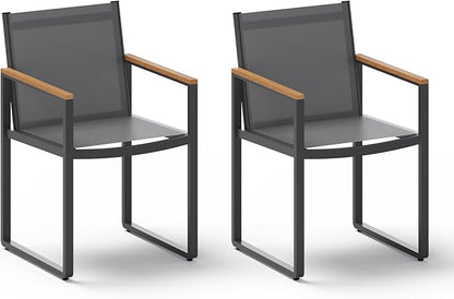 Outdoor Dining Chairs Set of 2, Aluminum Patio Dining Chiars with Textilene Mesh, 2 Piece Outdoor Chiars for Garden, Backyard, Deck (Gray-Teak)