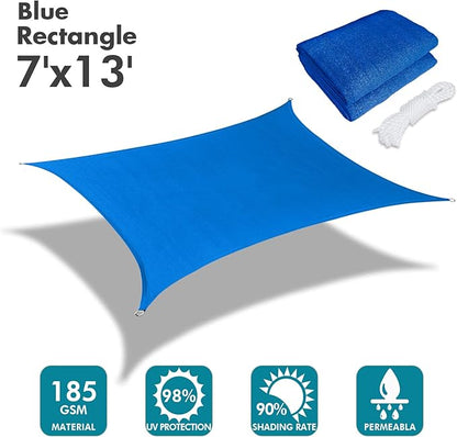 KANAGAWA Sun Shade Sail 7'x13' Blue Rectangle UV Block Canopy Awning Shelter Fabric Cloth Screen for Outdoor Patio Garden Backyard