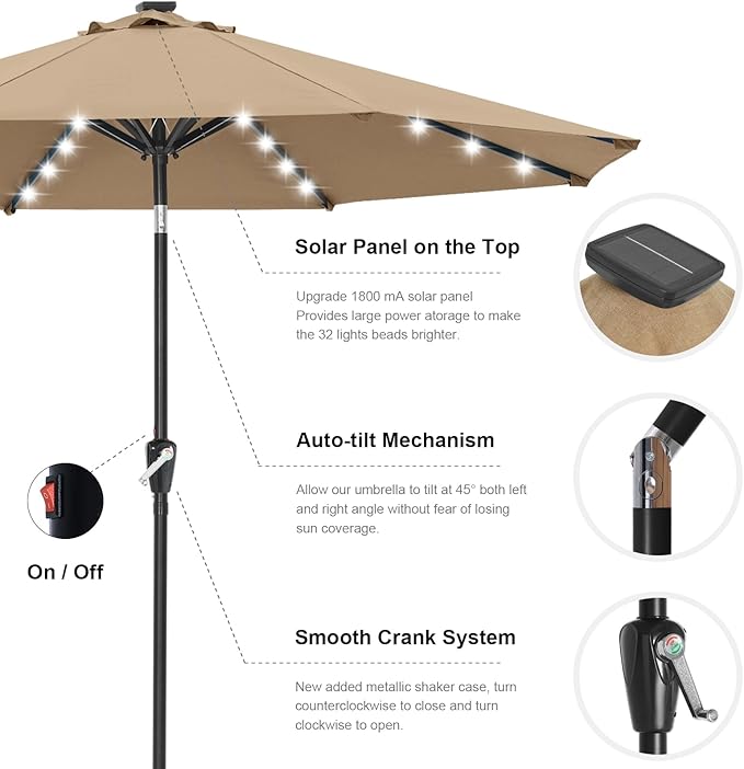 ABCCANOPY Durable Solar Led Patio Umbrellas with 32LED Lights 9FT (Tan)