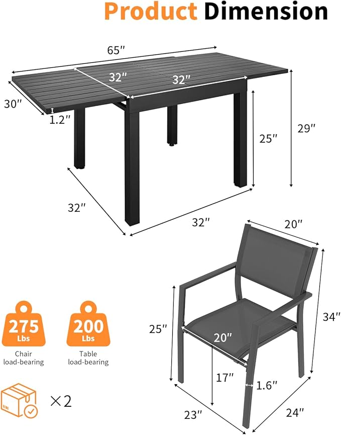 5 Pieces Outdoor Dining Set, Never-Rust Aluminum Expandable Patio Dining Table Set, 32"-65" Extendable Dining Table and Stackable Textilene Dining Chairs for Backyard, Deck, Indoor, Black