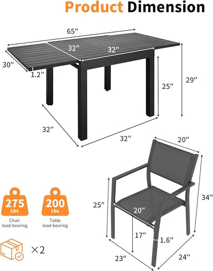 5 Pieces Outdoor Dining Set, Never-Rust Aluminum Expandable Patio Dining Table Set, 32"-65" Extendable Dining Table and Stackable Textilene Dining Chairs for Backyard, Deck, Indoor, Black