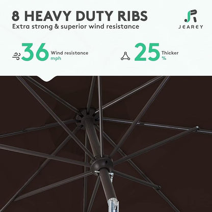JEAREY 9FT Outdoor Patio Umbrella Outdoor Table Umbrella with Push Button Tilt and Crank, Market Umbrella 8 Sturdy Ribs UV Protection Waterproof for Garden, Deck, Backyard, Pool (Brown)