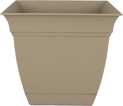 The HC Companies Eclipse Square Plastic Planter w/Attached Saucer - Outdoor & Indoor Plant Pot with Drainage Holes - Lightweight, UV-Resistant Plastic Pots for Plants (8" Sandstone, Pack of 1)
