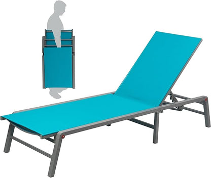 Kozyard Outdoor Foldable Lounge Chair, Aluminum Frame Patio Lounger with 5-Position Adjustable Backrest, Breathable Textilene Fabric, Assemble-Free, Reclining Full-Flat Poolside(Aqua)