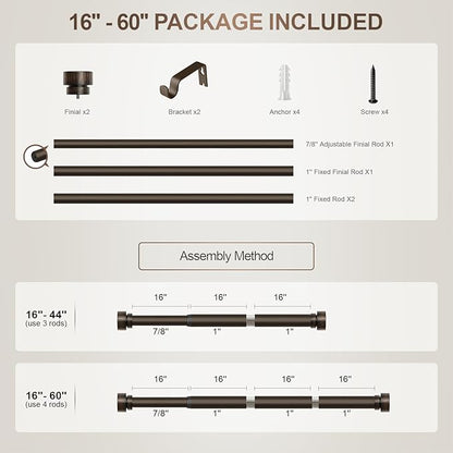 Modern Antique Brown Bronze Curtain Rods for Windows 16 to 60 Inches Adjustable Heavy Duty 1" Diameter Window Curtain Rod with Finials for Outdoor Farmhouse Bedroom Kitchen Living Room
