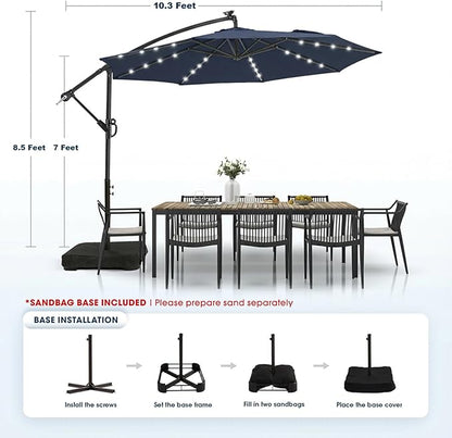 wikiwiki 10ft Solar LED Patio Umbrella with Base Included, Offset Umbrella with Weighted Sandbag Base, Cantilever Patio Umbrella for Backyard, Garden & Deck, 32 LED Lights & Polyester Shade, Navy Blue
