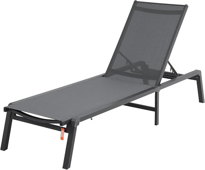 VEVOR Chaise Lounge Chair Outdoor, Aluminum Patio Lounge Chairs with Adjustable 5-Position, Folding Pool Chair Recliner and Full Flat Tanning Chairs for Patio, Beach, Pool, Dark Grey