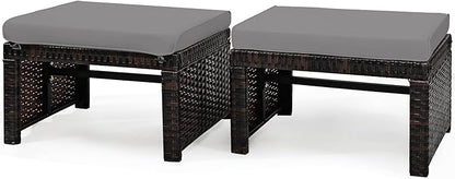 Tangkula 2 Pieces Patio Rattan Ottomans, All Weather Outdoor Footstool Footrest Seat with Soft Cushion, Hidden Zipper, High-Density Sponge, Wicker Ottoman Seat for Patio, Garden, Poolside
