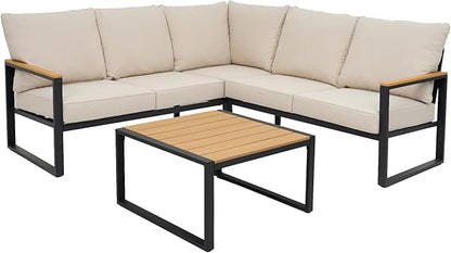 Metal Patio Furniture Set, 6 Pieces Outdoor Sectional Sofa Set with Side Table, L Shape Patio Conversation Set with Faux-Wood Tabletop, Outdoor Couch for Balcony, Porch, Backyard,Beige